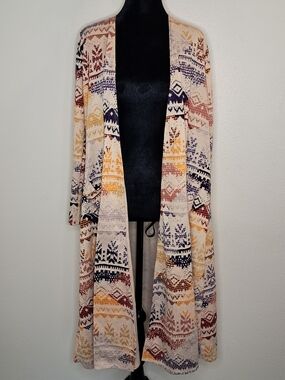 LuLaRoe Long Sleeve Kimono in Cream with Multicolor Geo Stripes